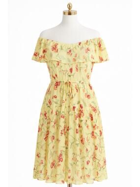 Ralph Lauren Butter Yellow Floral Dress Size 12 Off Shoulder Boho Ruffle Summer